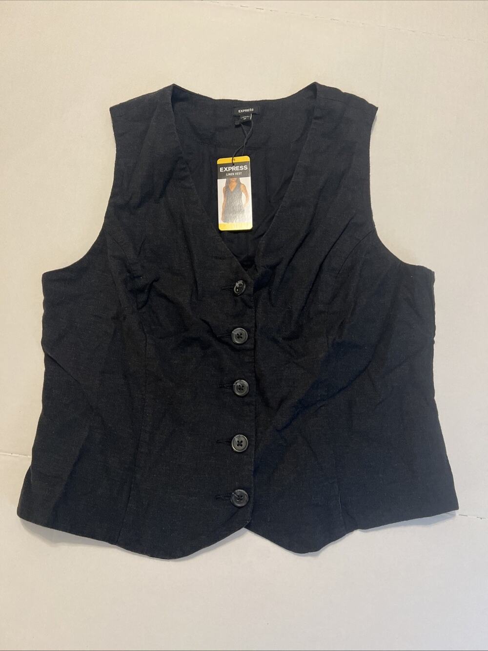 Express Women's Vest M Classic Fit V-Neck Button Up Linen Vest Black Size M